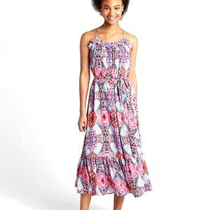 Gap Ruffle Print Cami Midi Maxi Halter Dress Floral Blue Pink Tie Belt